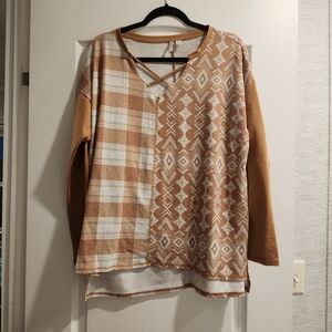 Cato Brown and Cream Patterned Blouse Size L Euc